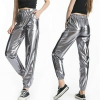 Ženske metalne shinny hlače, modni konusni visoki struk JOGGER punk hip holografske pantalone s ulicom