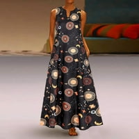 Follure Maxi haljine za žene plus veličine Sun zvijezda Moon Print bez rukava V-izrez Vintage Bohemian Maxi haljina cvjetni ispis
