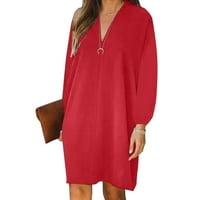 Mveomtd ženska modna haljina dugi rukava V-izrez puna boja casual haljina rayon ljetna haljina crvena