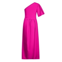 Ženska haljina - seksi prorezna zabavna haljina čvrsto fit bljeskati jedno rame za vrat bez rukava s rukavima vruće ružičaste