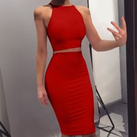 Ženska modna solidna fija bez rukava na vrhu kamisole suknja dva odijela, crvena, xl