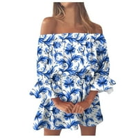 Clearsance Ljetne haljine za žene mini a-linijska rukava vruća prodaja od tiskane haljine Royal Blue