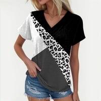 Ležerne u trendovske majice za žene Patchwork Color V-izrez kratki rukav Leopard tiskani Dresisni tunički