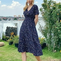 Ljetne haljine za žene cvjetni V-izrez A-line srednje duljine labave haljine kratkih rukava tamno plava