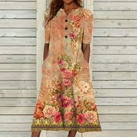 Ženske haljine otisnute maxi a-line kratki rukav moda Henley Summer haljina narančasta 3xl