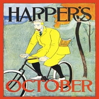 Čovjek vozi bicikl sa magazinom u džepu kaputa. Poster Print Edward Penfield