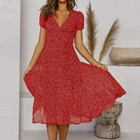 Jjayotai Plus Veličina Žene Haljine odore za modne žene V-izrez Polka tački cvjetni print niz kratke rukavske haljine Rollbacs Crvena
