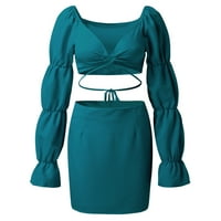 Ljetna haljina Žene Čvrsti dugi rukav V izrez za zavoja za zavoj dvije odjeće Mini Bodycon suknje haljine