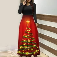 Žensko božićno drvce Print dugih rukava okrugli vrat Duga haljina casual maxi sandress elegantne strije
