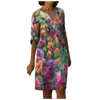 Ženska ležerna moda V izrez Lično labavo Srednja rukava Boho Haljine Summer Vintage Boho Flowy Sundresses