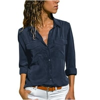 Ženski gumb dolje majice Ležerne prilike pamučne posteljine s dugim rukavima V izrez Dresne košulje