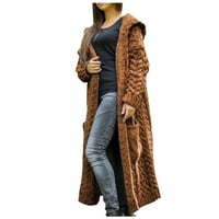 Ženska zimska čvrsta čvrsta pletena kapuljača dugi kardigan džep džepni kaput ženski kardigan smeđi