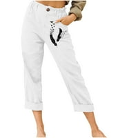 TUPHREGYOW ženski gumb natkriveni hlače široka noga labava s džepovima hlače novi stil trendi prozračan klasični perjani ispis pamuk posteljina visoki struk bijeli XL
