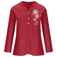 Ženska majica za navlake na gumbu Ležerne priliketionske majice Tisak T-Majica Dugi rukavi V-izrez Pamuk posteljina Bluza Red XXXXXL