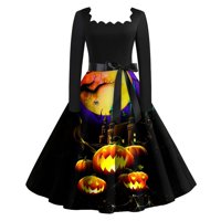 Srijeda Addams Stalni odjeća Halloween Print Flare haljina za žene Duge rukave s dugim rukavima šuplje