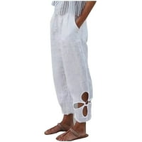 HHEI_K Ženska modna casual svakodnevna pamučna posteljina čvrste šuplje hlače sa džepovima za žene za žene