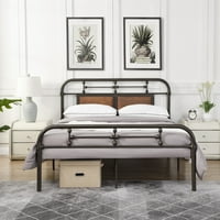 Metalni okvir za krevet s uzglavljenim mekim oblogom, visokokvalitetnim i stabilnim čeličnim šipkama koji podržava madrac zaklade, bez opruge Bo i jednostavan za sastavljanje, crno