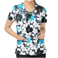Ženski kratki rukav V-izrez Cvetni print tisak Radne majice Bluza L