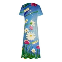 Plave haljine za žene s kratkim rukavima za prah cvjetnog uzorka za odmor plus veličine V-izrez labav