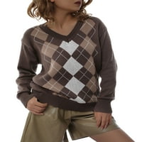 Musuos Ženski džemper bloka u boji, odrasli casual argyle Print dugih rukava V-izrez