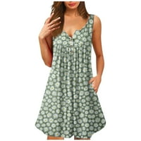 Ženska haljina bez rukava, ležerna tiskana A-line V-izrez ljetna haljina zelena m