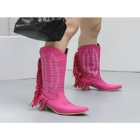 Ferndule Womens Chunky Heel Tassel Boots Rad Neklizajući široki teleći vintage Western Boot tamna ružičasta