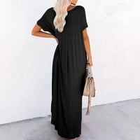 Ljetne haljine za žene s kratkim rukavima dugačka simpatična baš s linijom na plaži V-izrez crna s