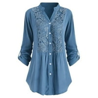Ženske bluze Henley Women's plus dugme sa dugim cvjetnim majicama s dugim rukavima Ljetni vrhovi plavi