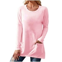 Fall vrhovi za ženu Modna žena okrugla vrat dugih rukava majica jesen solid labavi džepovi bluza ružičasti
