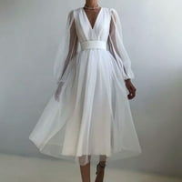 Jesenske haljine za žene ženski V-izrez visoki struk elastična boja vjenčanica dugačka suknja struka
