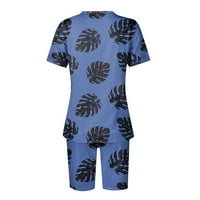 MLQIDK odijelo za žene plus veličine tiskani ljetni kratki rukav V izrez sa joga kratkim hladnjacima Work Worth Set Trendy, plavi s