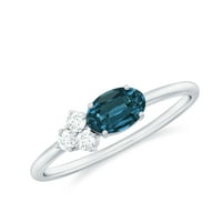 CT ovalni rez London Blue Topaz Promise Prsten sa dijamantnim triom, 14k bijelo zlato, US 3,50