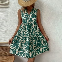 Ljetne haljine za ženske kratke a-line bez rukava modne V-izrezom cvjetne haljine zelene l