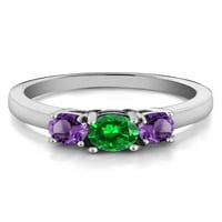 Gem kamen kralj sterling srebrni zeleni simulirani smaragdni i ljubičasti ametist ženski prsten 3 kamena