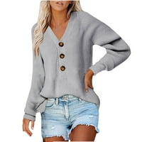 Cleance Ženski pleteni džemper casual labav gumb V-izrez Čvrsta boja Udobni pulover Dugi rukavi Jumper