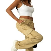PUDCOCO ženske ležerne ravne traperice modne čvrste bočne džepove patch visokog struka traper pantalone