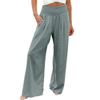 Žene pamučne posteljine hlače široke noge elastične visokog struka dugačke hlače za ležerne džep palazzo