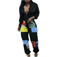 Clearsance JumpSuits Ženska boja Blok Print Obriši visoke strukske pantalone s dugim rukavima s prednjim