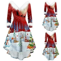 ROLIYEN MIDI haljine za žene V-izrez Božićne lažne ploče-plišane ploče s dugim rukavima V ovratnica