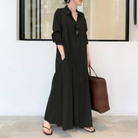 Cuoff Ljetne haljine za ženske ležerne pamučne posteljine pune boje labavo temperament duga košulja crne s