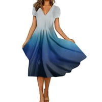 Clearsance ljetne haljine za žene srednje dužine A-line kratkih rukava modna haljina od V-izreza plava