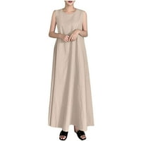 Lilgiuy ženski modni casual okrugli vrat pamuk i posteljina čvrsta džepa u boji kratki rukav haljina
