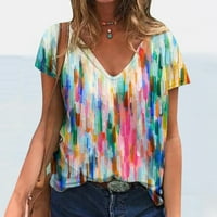 Žene boje za ulje za ulje Ispiši V-izrez T-majica s kratkim rukavima Slatki ljetni vrhovi ženske majice