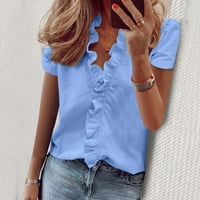 Ljetni tunički vrhovi za žene V izrez kratki rukav ruff dressy bluze pune boje casual labavi fit majice