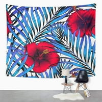 Plavi tropski uzorak napušta palminu moderna grafika crvena hibiskusa šarena zidna umjetnost viseći
