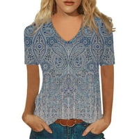 Bazyrey Womens V-izrez Ležerne grafičke otiske bluza Ženska rukavica s kratkim rukavima Majice Plava