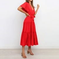 Beeyaso žene V-izrez Summer haljine za žene za žene u struku Duge casual labave haljine crvene l