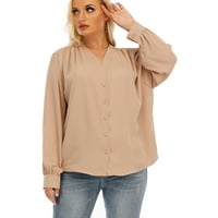 HFYIHGF Ženski gumb dolje majice Leisure Puff Dugi rukav Poslovni rad Bluza V izrez čvrste boje ugodne