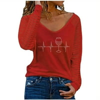 Modna žena V-izrez dugih rukava majica jesen tiskanje labava bluza vrhova trendi majica s dugim rukavima