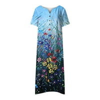 Ljetne haljine Trendi kratki rukav A-line Dužina gležnja Labavi otisak V-izrez Haljina Sky Blue 2xL